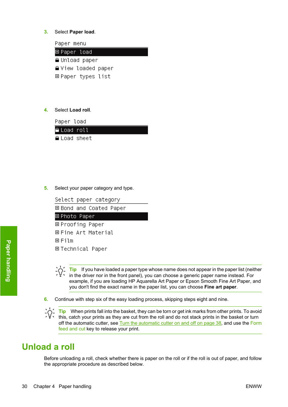 Unload a roll | HP Designjet Z3100 Photo Printer series User Manual | Page 40 / 185