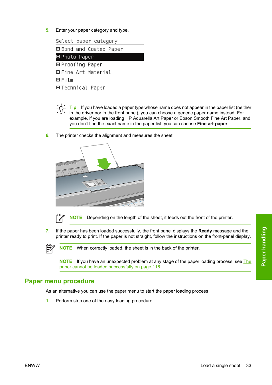 Paper menu procedure | HP Designjet Z3100 Photo Printer series User Manual | Page 43 / 185