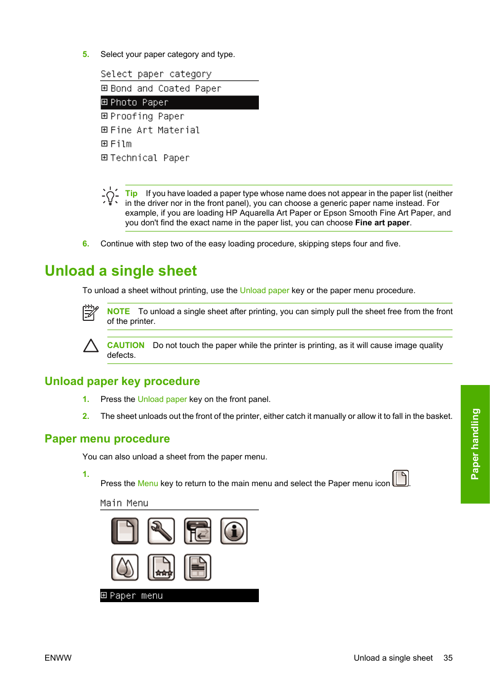 Unload a single sheet, Unload paper key procedure, Paper menu procedure | Unload paper key procedure paper menu procedure | HP Designjet Z3100 Photo Printer series User Manual | Page 45 / 185