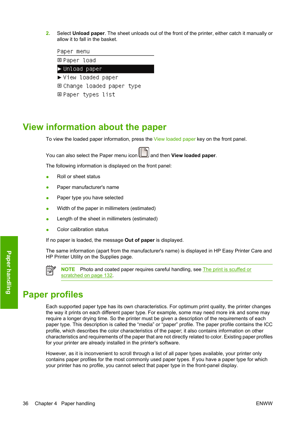 View information about the paper, Paper profiles, View information about the paper paper profiles | HP Designjet Z3100 Photo Printer series User Manual | Page 46 / 185