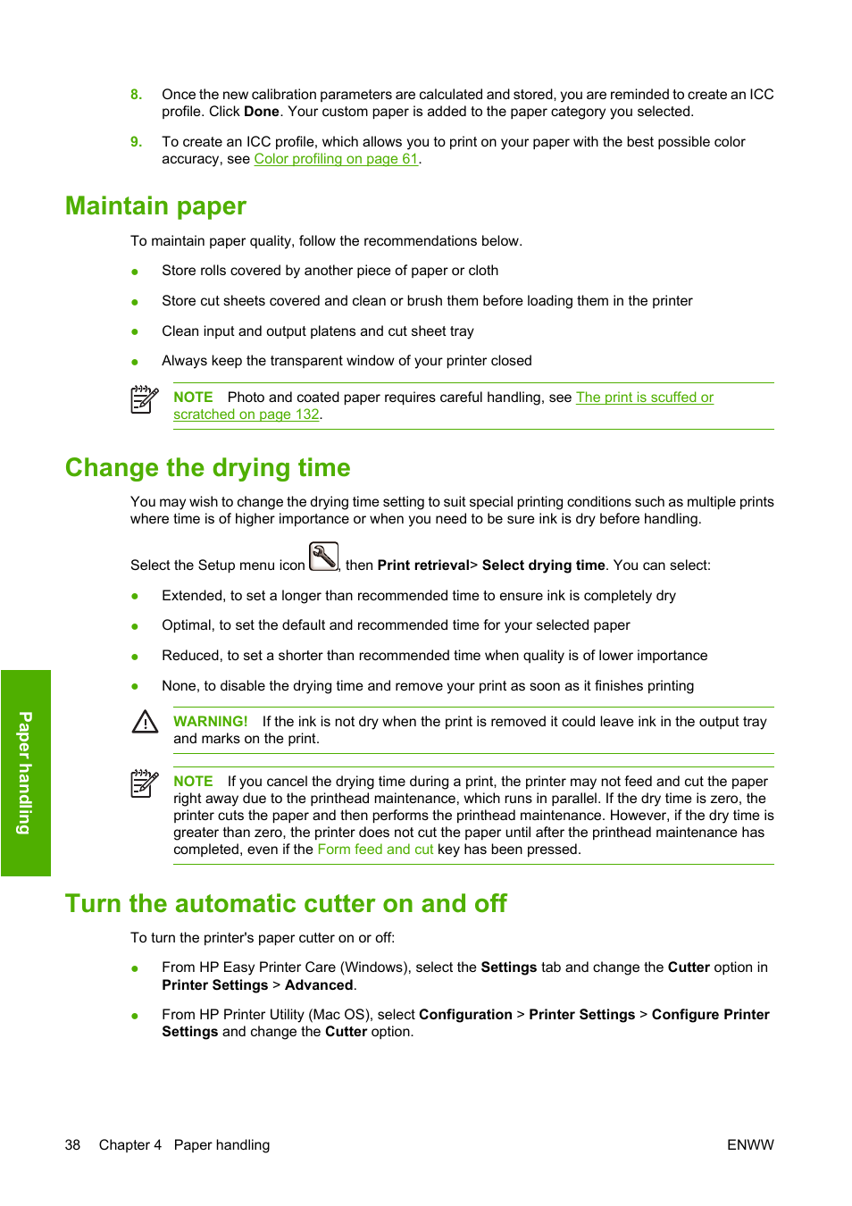 Maintain paper, Change the drying time, Turn the automatic cutter on and off | HP Designjet Z3100 Photo Printer series User Manual | Page 48 / 185