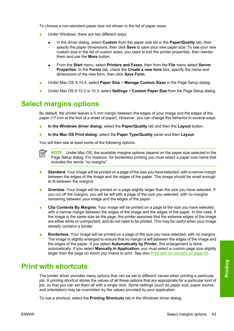 Select margins options, Print with shortcuts, Select margins options print with shortcuts | HP Designjet Z3100 Photo Printer series User Manual | Page 53 / 185