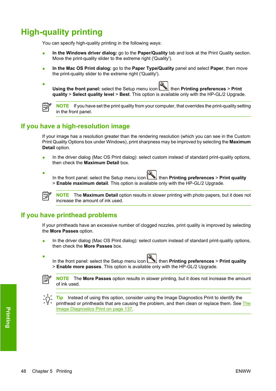 High-quality printing, If you have a high-resolution image, If you have printhead problems | HP Designjet Z3100 Photo Printer series User Manual | Page 58 / 185