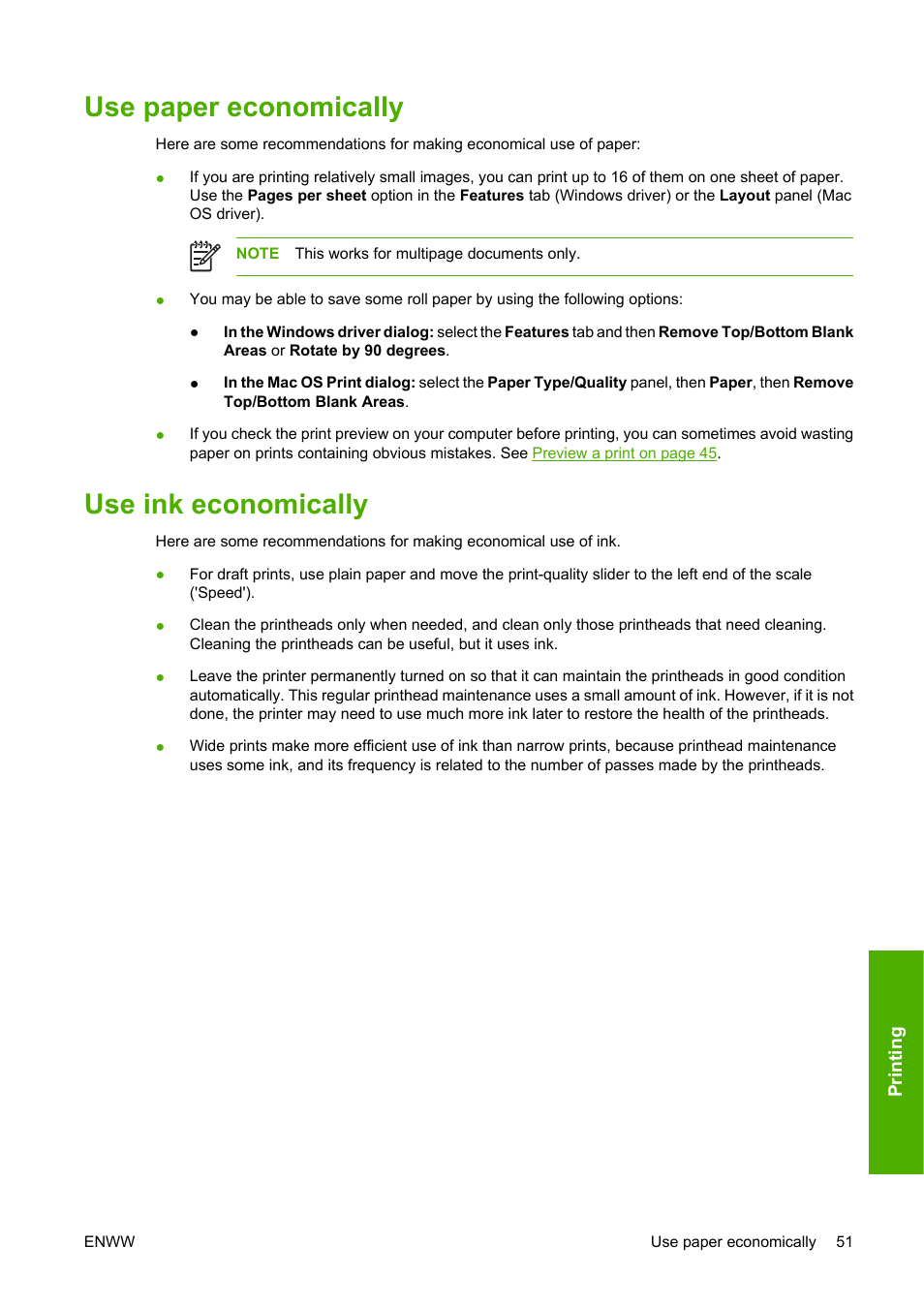 Use paper economically, Use ink economically, Use paper economically use ink economically | HP Designjet Z3100 Photo Printer series User Manual | Page 61 / 185