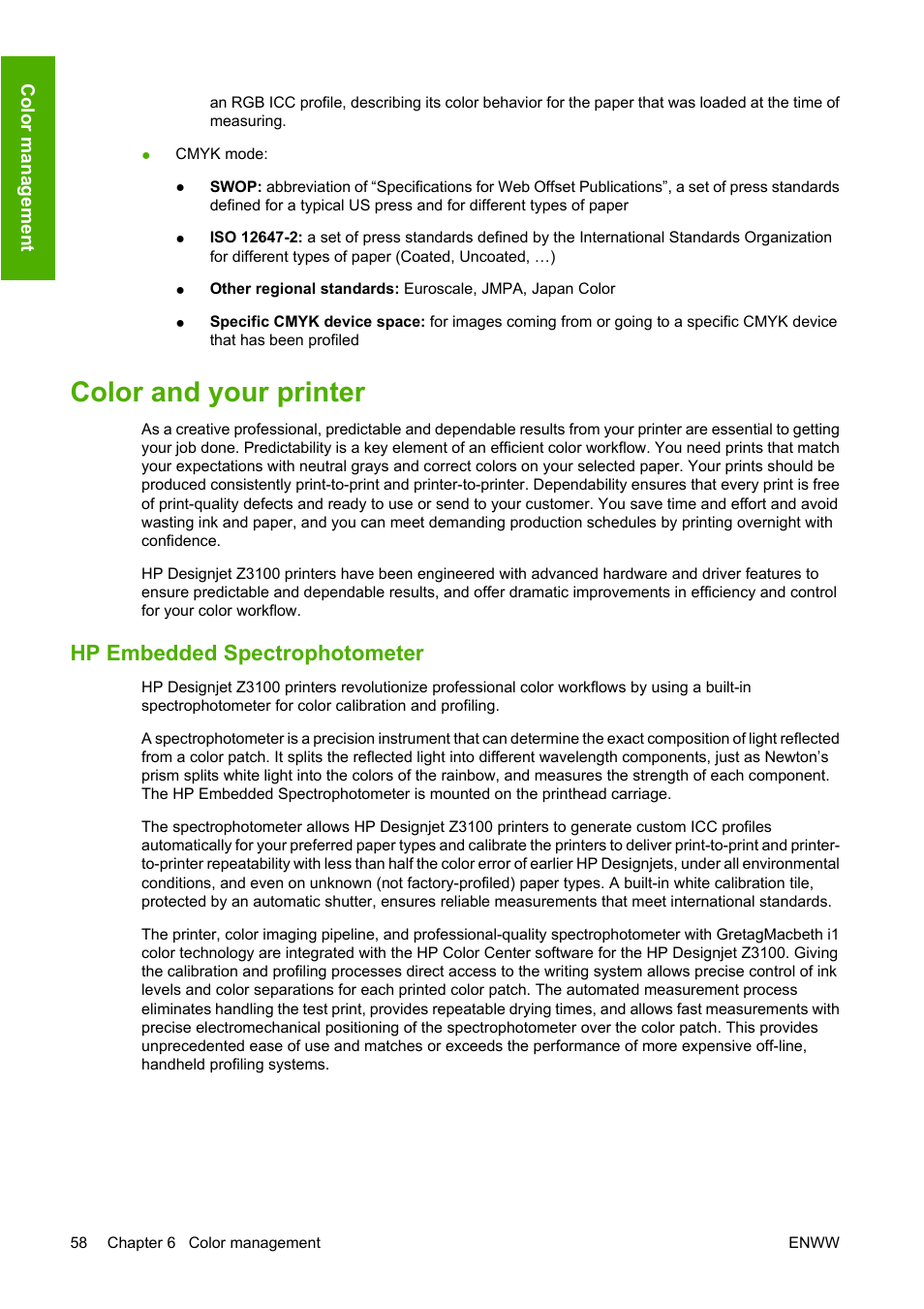 Color and your printer, Hp embedded spectrophotometer, Iles, see | HP Designjet Z3100 Photo Printer series User Manual | Page 68 / 185