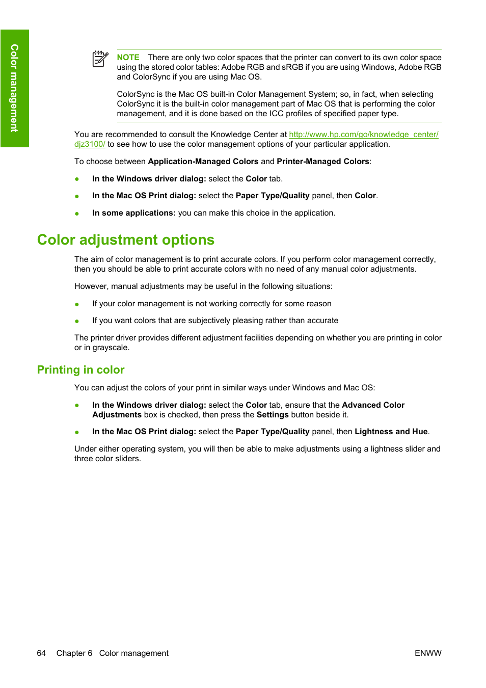 Color adjustment options, Printing in color | HP Designjet Z3100 Photo Printer series User Manual | Page 74 / 185