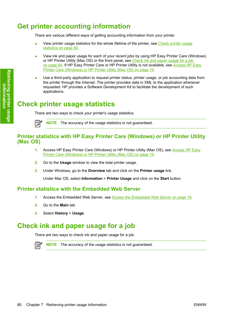Get printer accounting information, Check printer usage statistics, Printer statistics with the embedded web server | Check ink and paper usage for a job | HP Designjet Z3100 Photo Printer series User Manual | Page 90 / 185