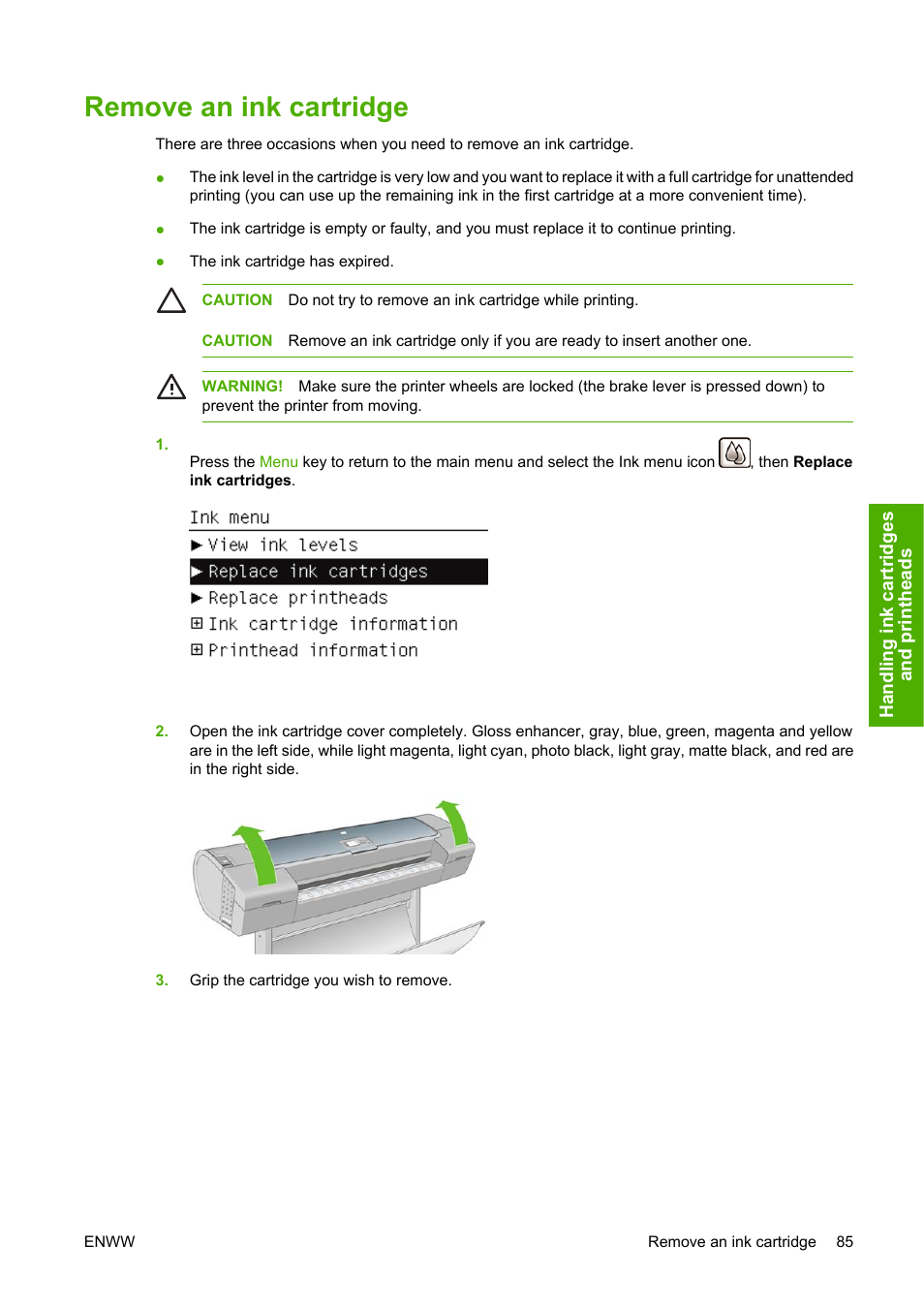 Remove an ink cartridge | HP Designjet Z3100 Photo Printer series User Manual | Page 95 / 185