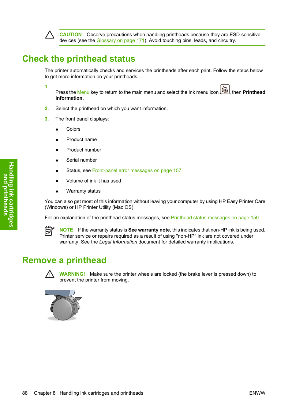 Check the printhead status, Remove a printhead, Check the printhead status remove a printhead | HP Designjet Z3100 Photo Printer series User Manual | Page 98 / 185