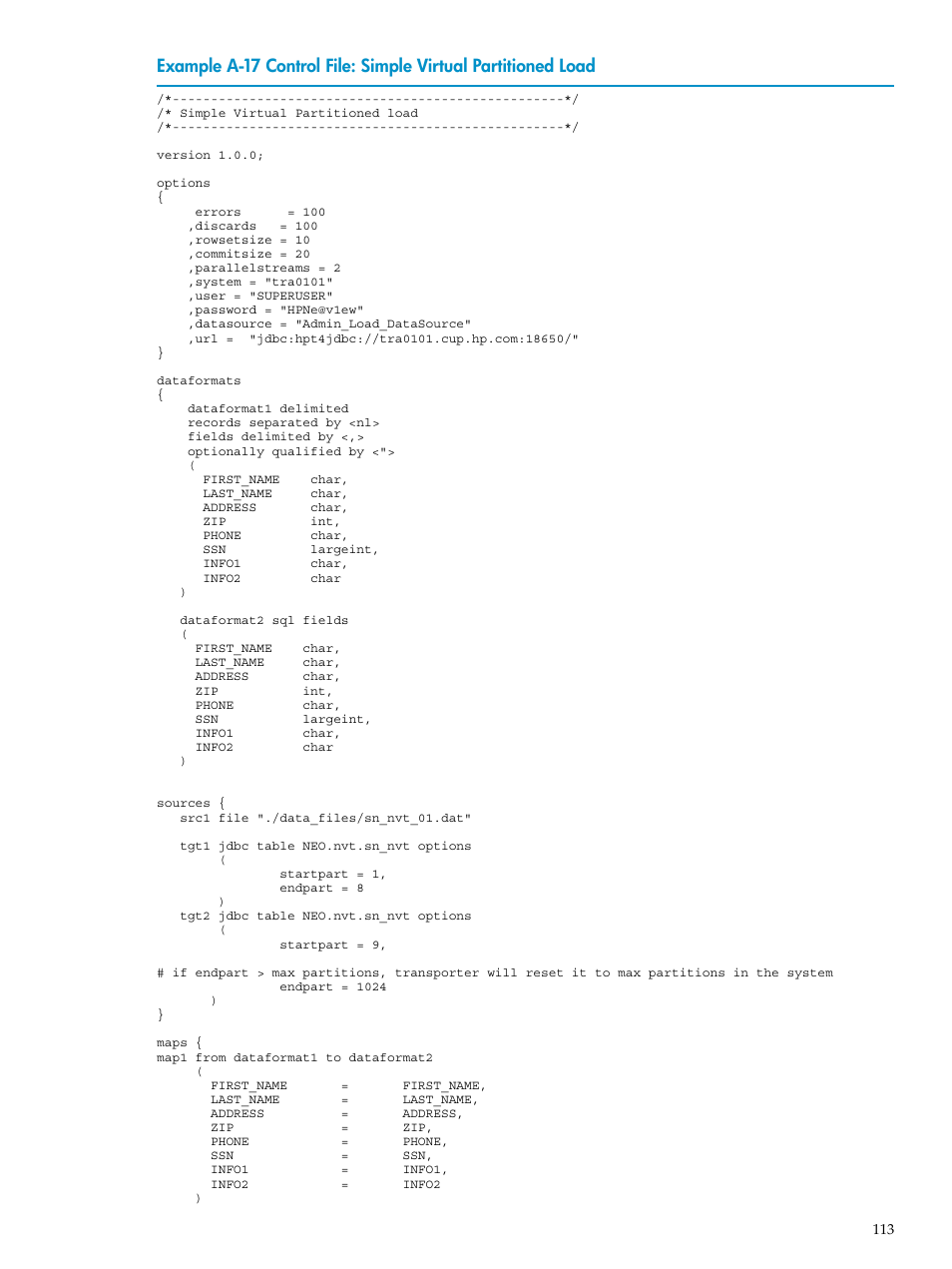 A-17, Control file: simple virtual partitioned load | HP Neoview Release 2.5 Software User Manual | Page 113 / 136