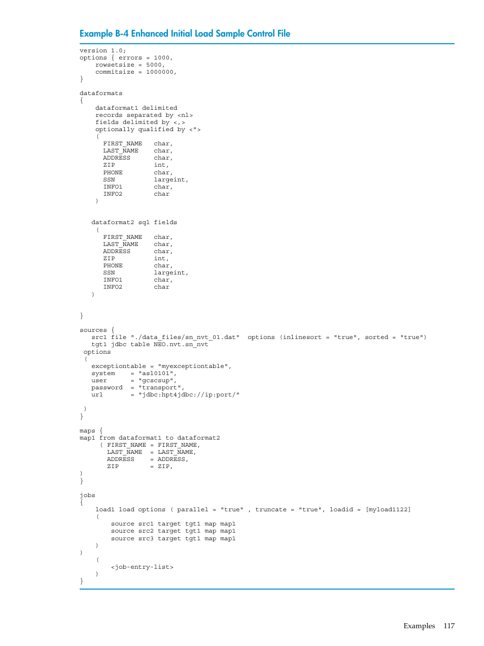 Enhanced initial load sample control file | HP Neoview Release 2.5 Software User Manual | Page 117 / 136