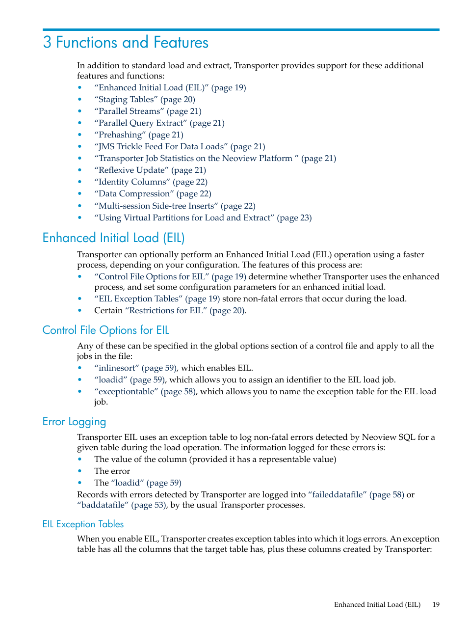 3 functions and features, Enhanced initial load (eil), Control file options for eil | Error logging, Eil exception tables, Control file options for eil error logging | HP Neoview Release 2.5 Software User Manual | Page 19 / 136