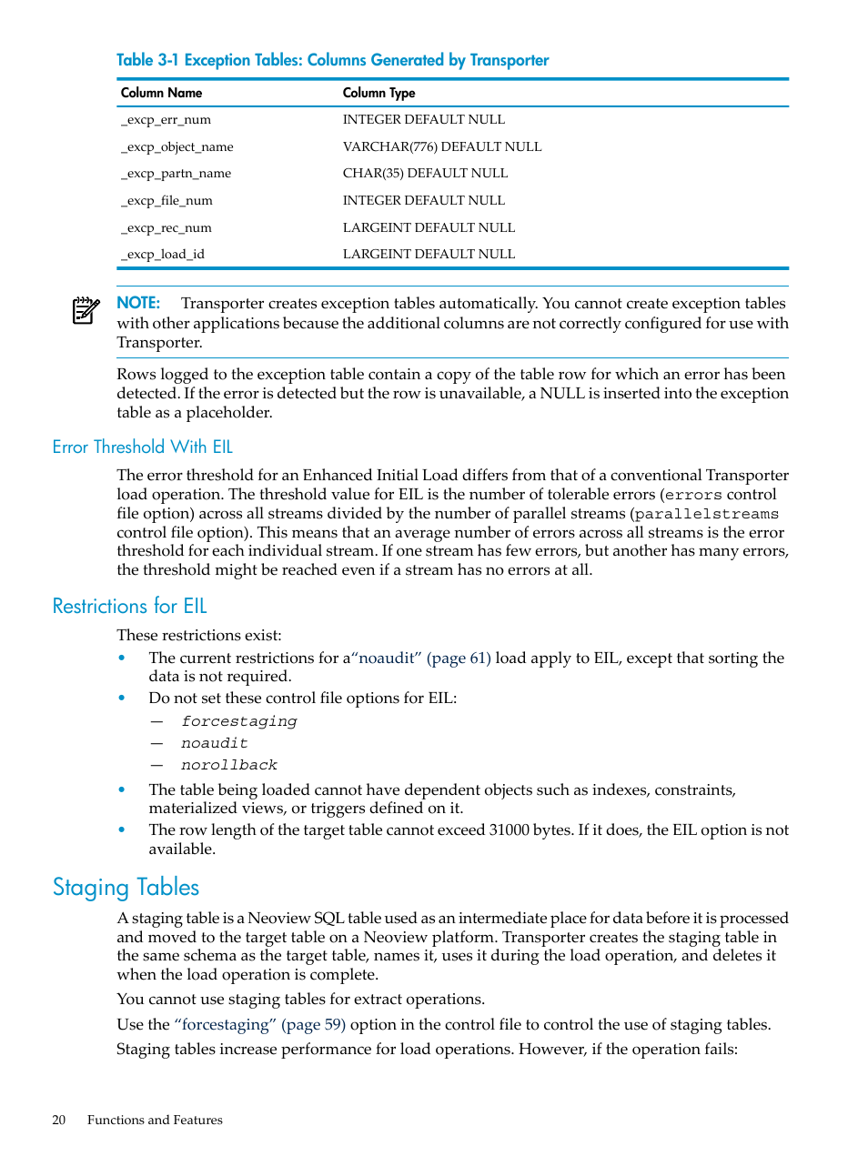 Error threshold with eil, Restrictions for eil, Staging tables | Exception tables: columns generated by transporter | HP Neoview Release 2.5 Software User Manual | Page 20 / 136