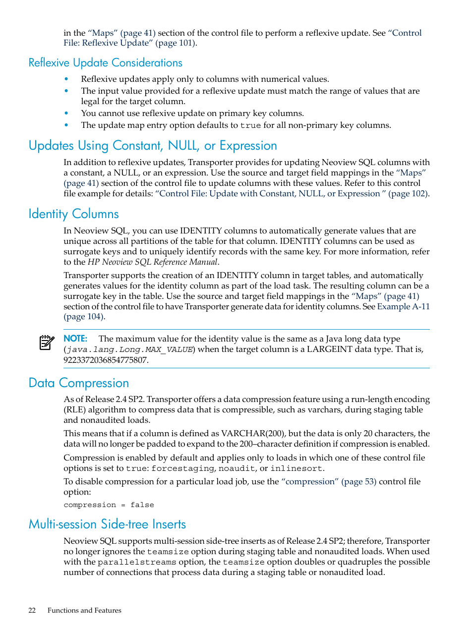 Reflexive update considerations, Updates using constant, null, or expression, Identity columns | Data compression, Multi-session side-tree inserts | HP Neoview Release 2.5 Software User Manual | Page 22 / 136