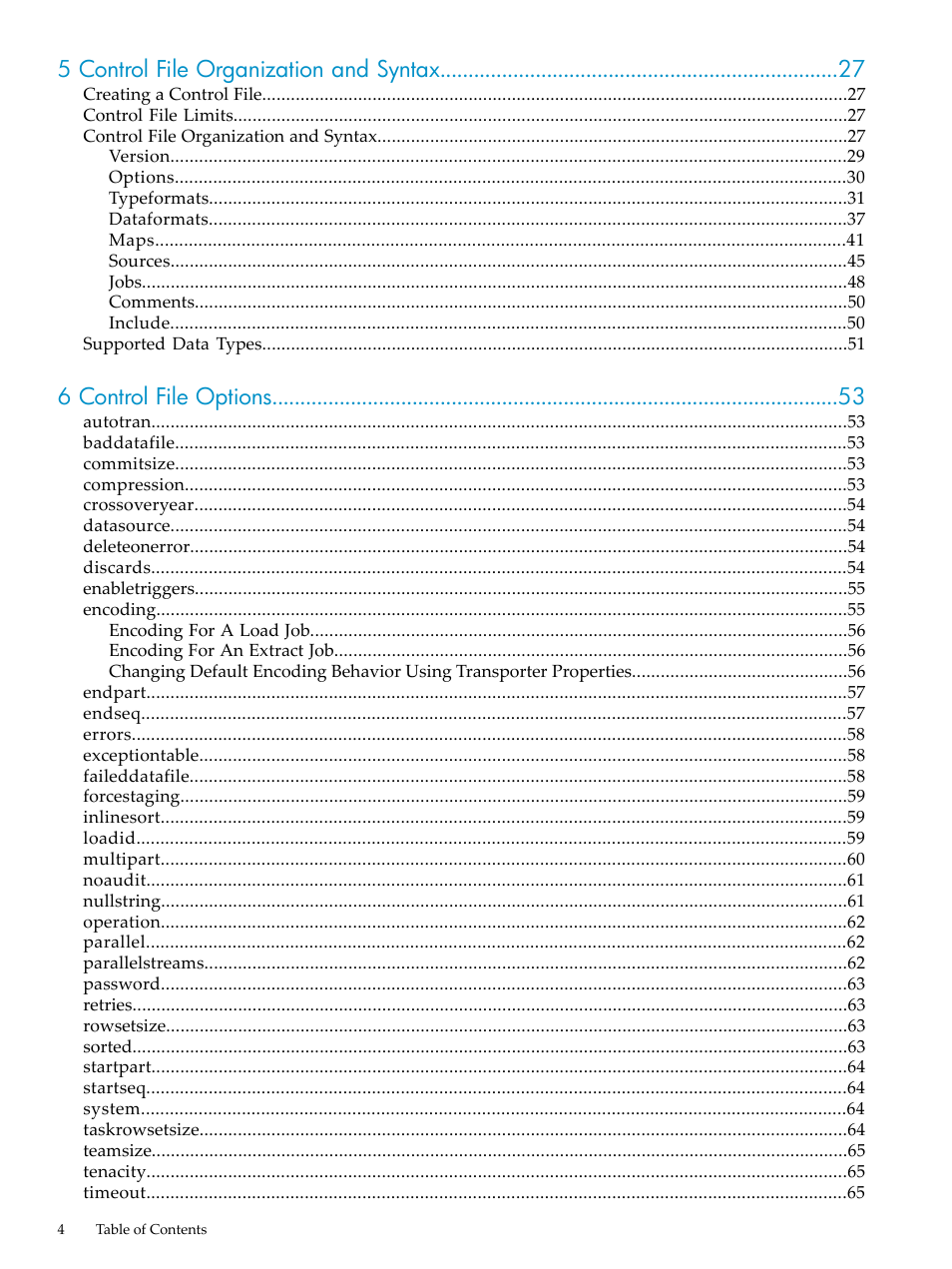 5 control file organization and syntax, 6 control file options | HP Neoview Release 2.5 Software User Manual | Page 4 / 136