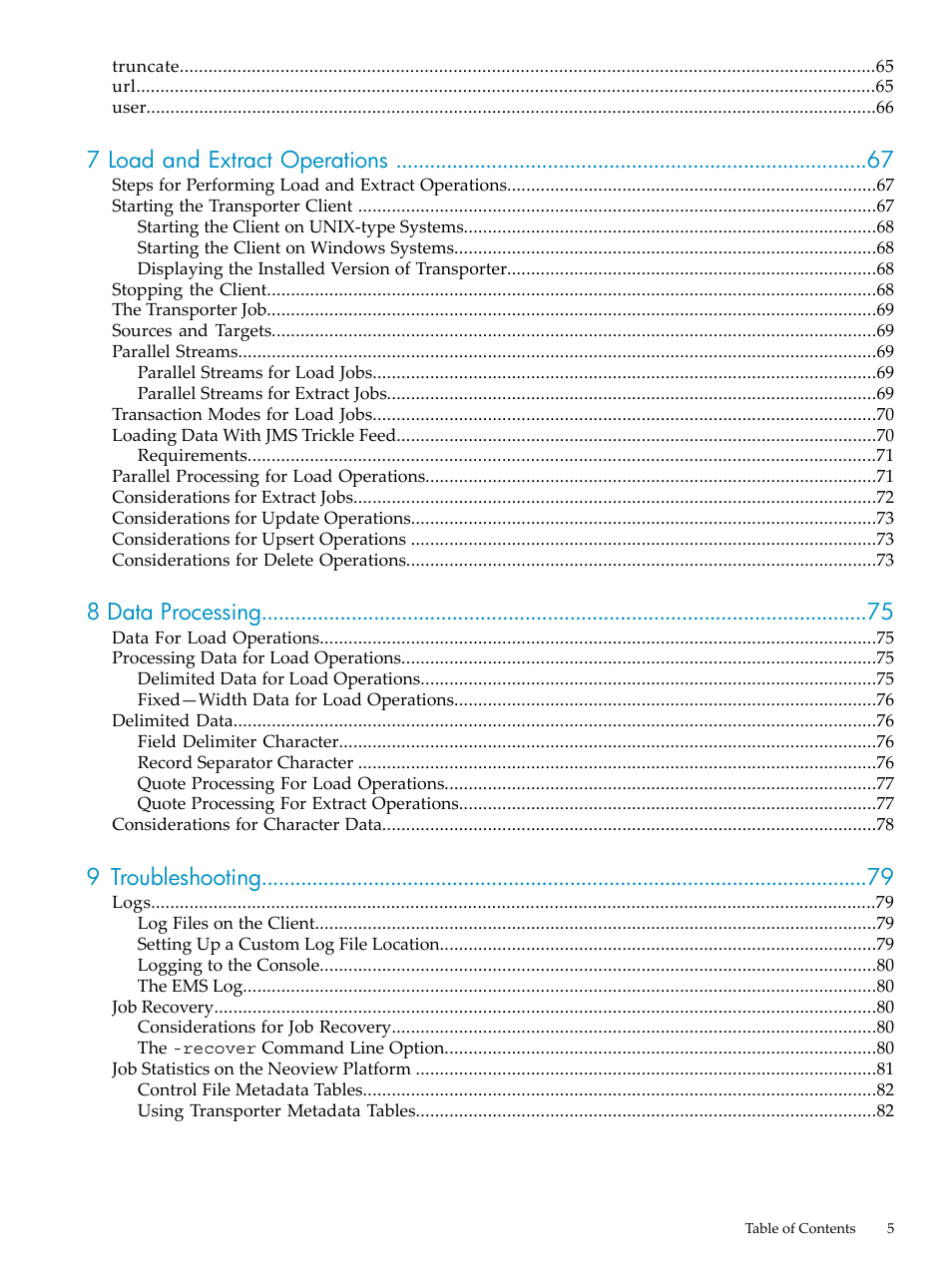 7 load and extract operations, 8 data processing, 9 troubleshooting | HP Neoview Release 2.5 Software User Manual | Page 5 / 136