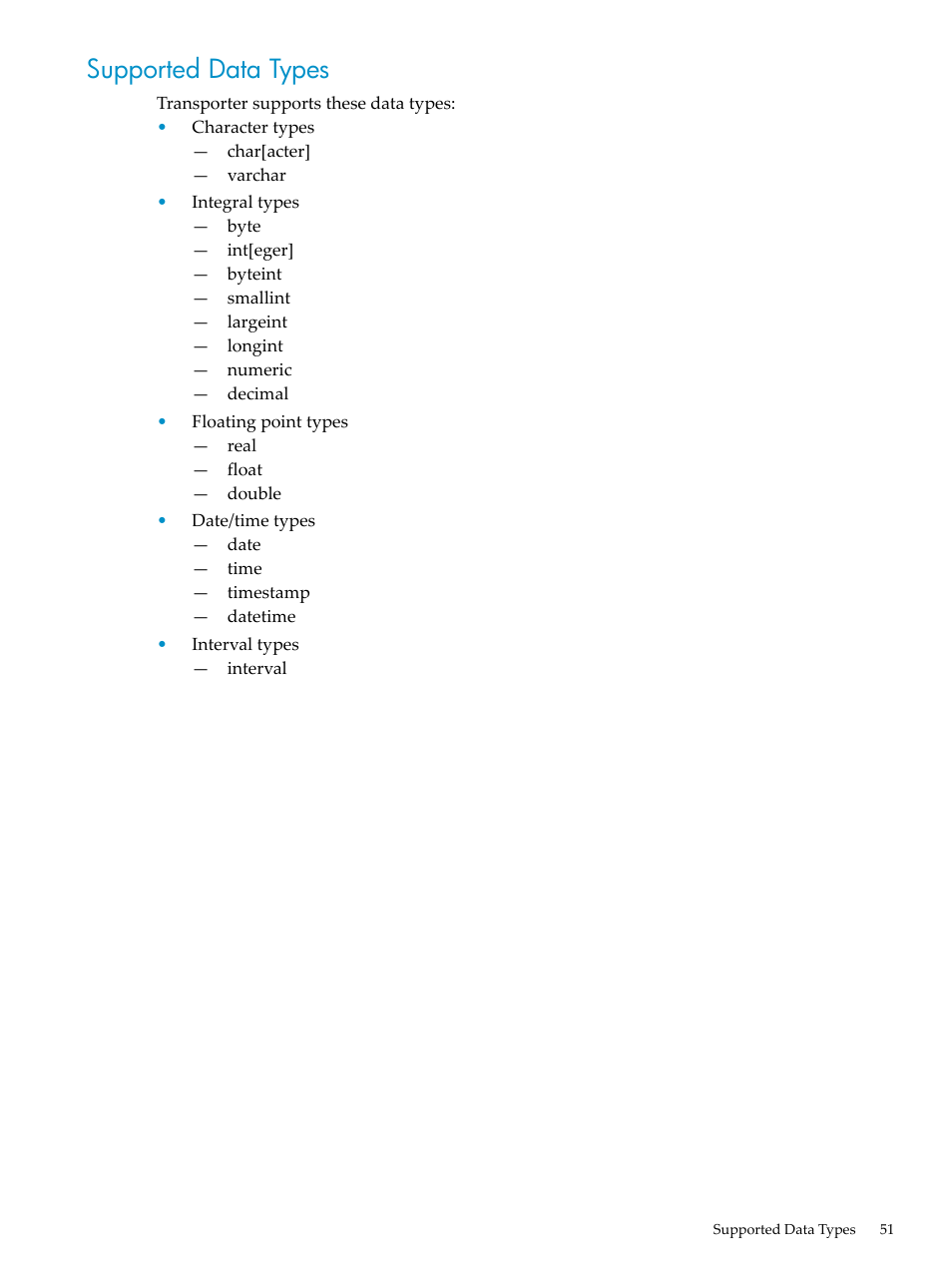 Supported data types | HP Neoview Release 2.5 Software User Manual | Page 51 / 136