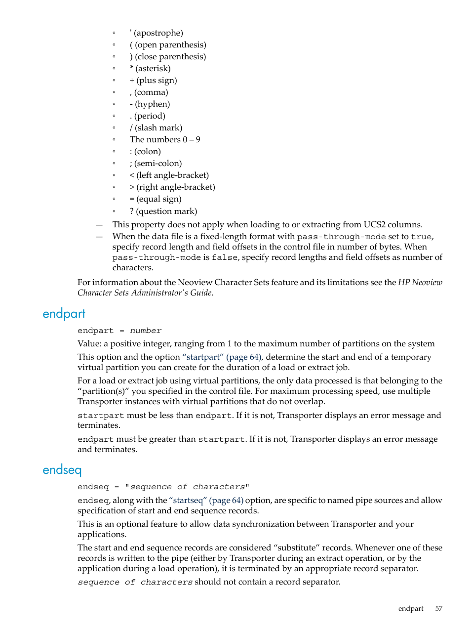 Endpart, Endseq, Endpart endseq | HP Neoview Release 2.5 Software User Manual | Page 57 / 136