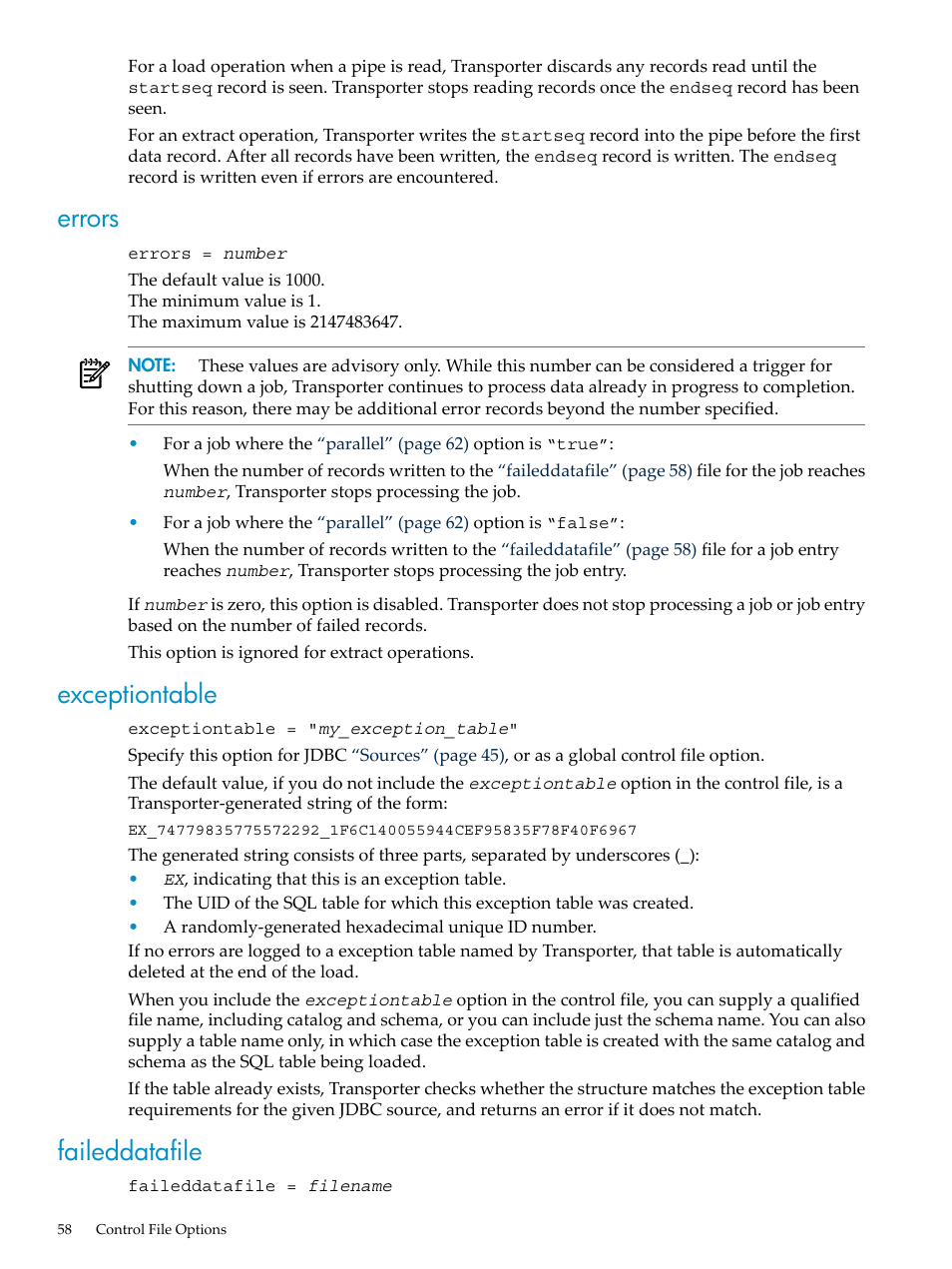 Errors, Exceptiontable, Faileddatafile | Errors exceptiontable faileddatafile | HP Neoview Release 2.5 Software User Manual | Page 58 / 136