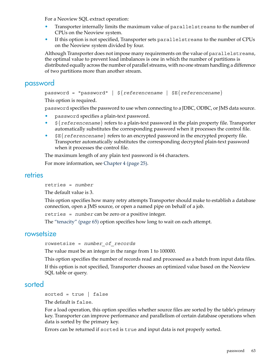 Password, Retries, Rowsetsize | Sorted, Password retries rowsetsize sorted | HP Neoview Release 2.5 Software User Manual | Page 63 / 136