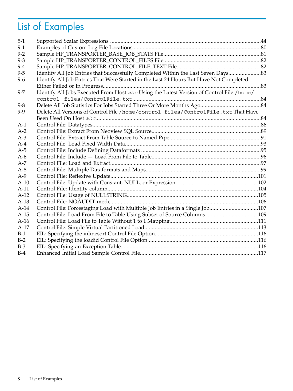 List of examples | HP Neoview Release 2.5 Software User Manual | Page 8 / 136