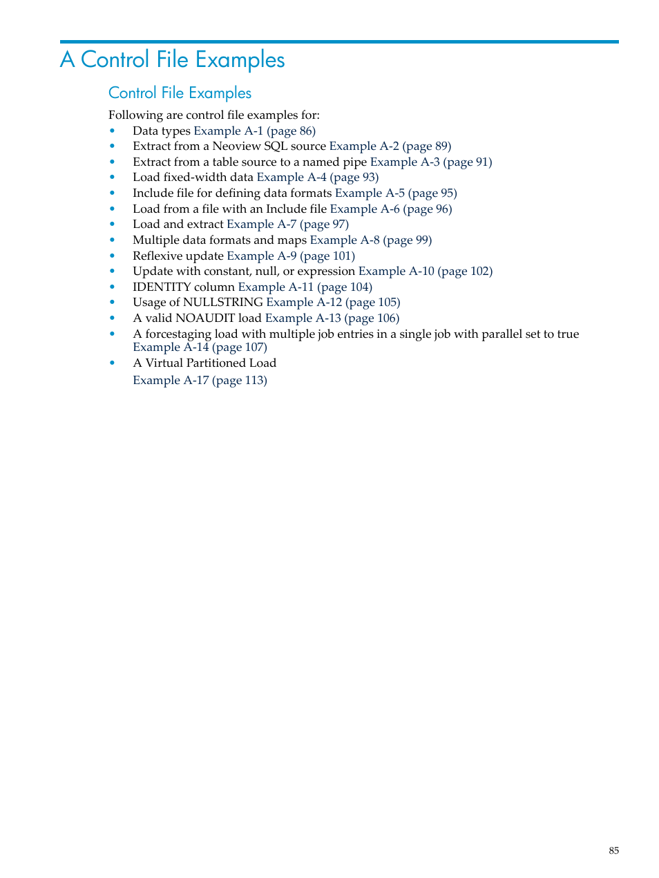 A control file examples, Control file examples | HP Neoview Release 2.5 Software User Manual | Page 85 / 136