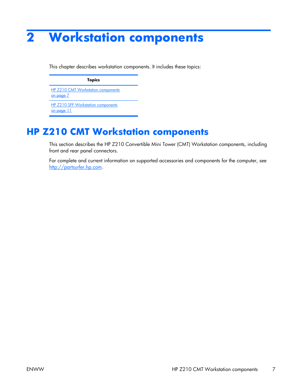 Workstation components, Hp z210 cmt workstation components, 2 workstation components | HP Z210 Convertible Minitower-Workstation User Manual | Page 15 / 68