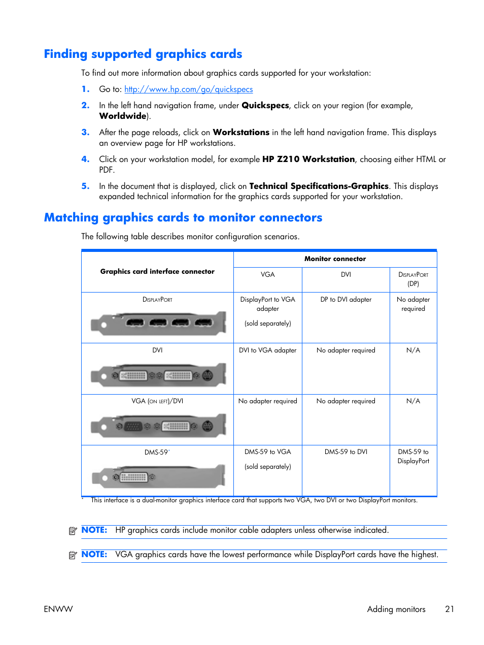 Finding supported graphics cards, Matching graphics cards to monitor connectors, Rmation, see | Ure in | HP Z210 Convertible Minitower-Workstation User Manual | Page 29 / 68