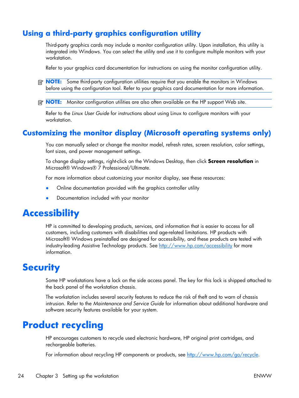 Using a third-party graphics configuration utility, Accessibility, Security | Product recycling, Accessibility security product recycling, Iguration tool (see, Using a third-party | HP Z210 Convertible Minitower-Workstation User Manual | Page 32 / 68