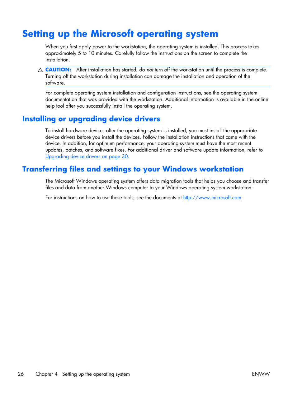 Setting up the microsoft operating system, Installing or upgrading device drivers | HP Z210 Convertible Minitower-Workstation User Manual | Page 34 / 68