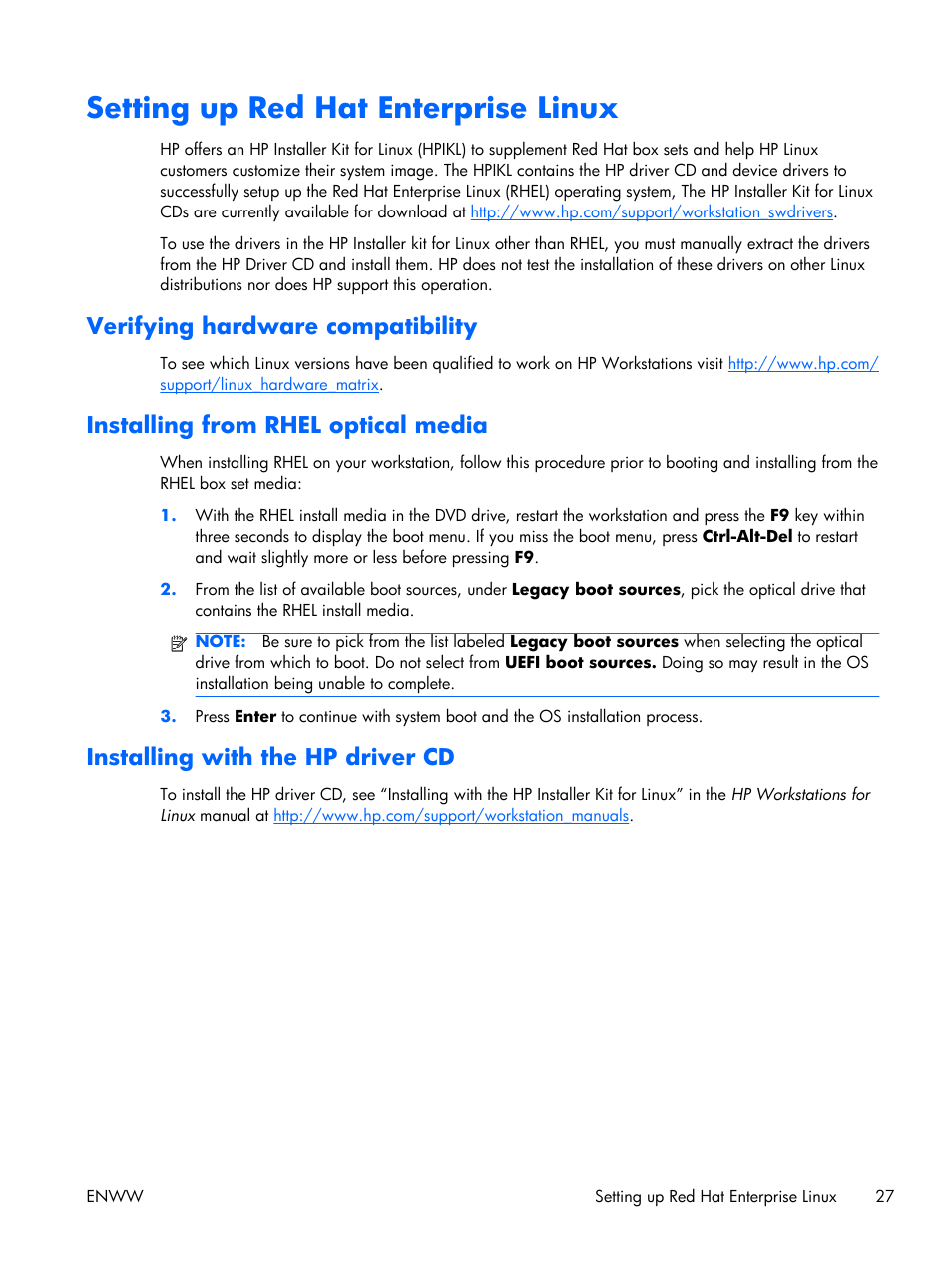 Setting up red hat enterprise linux, Verifying hardware compatibility, Installing from rhel optical media | Installing with the hp driver cd | HP Z210 Convertible Minitower-Workstation User Manual | Page 35 / 68