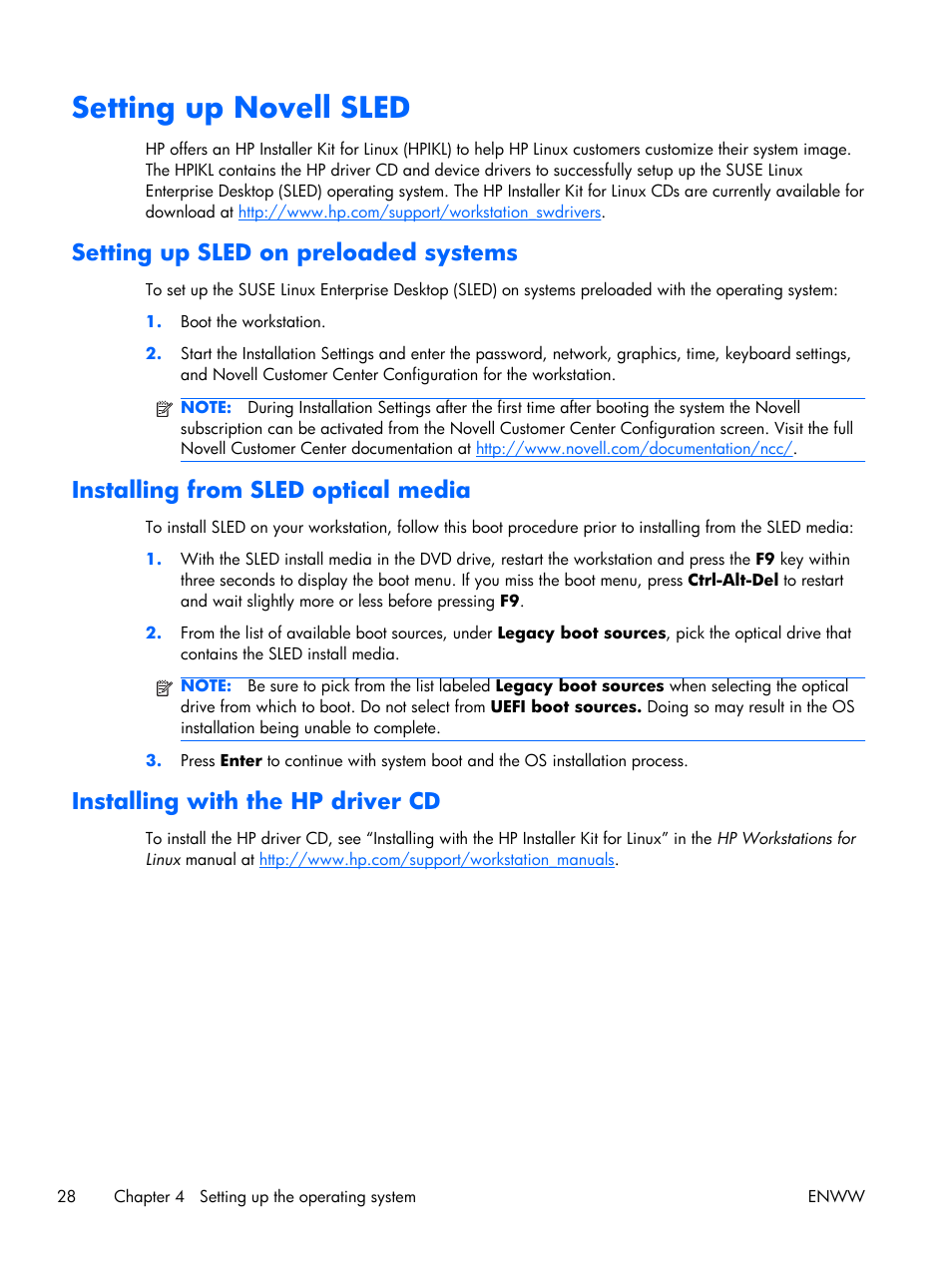 Setting up novell sled, Setting up sled on preloaded systems, Installing from sled optical media | Installing with the hp driver cd | HP Z210 Convertible Minitower-Workstation User Manual | Page 36 / 68