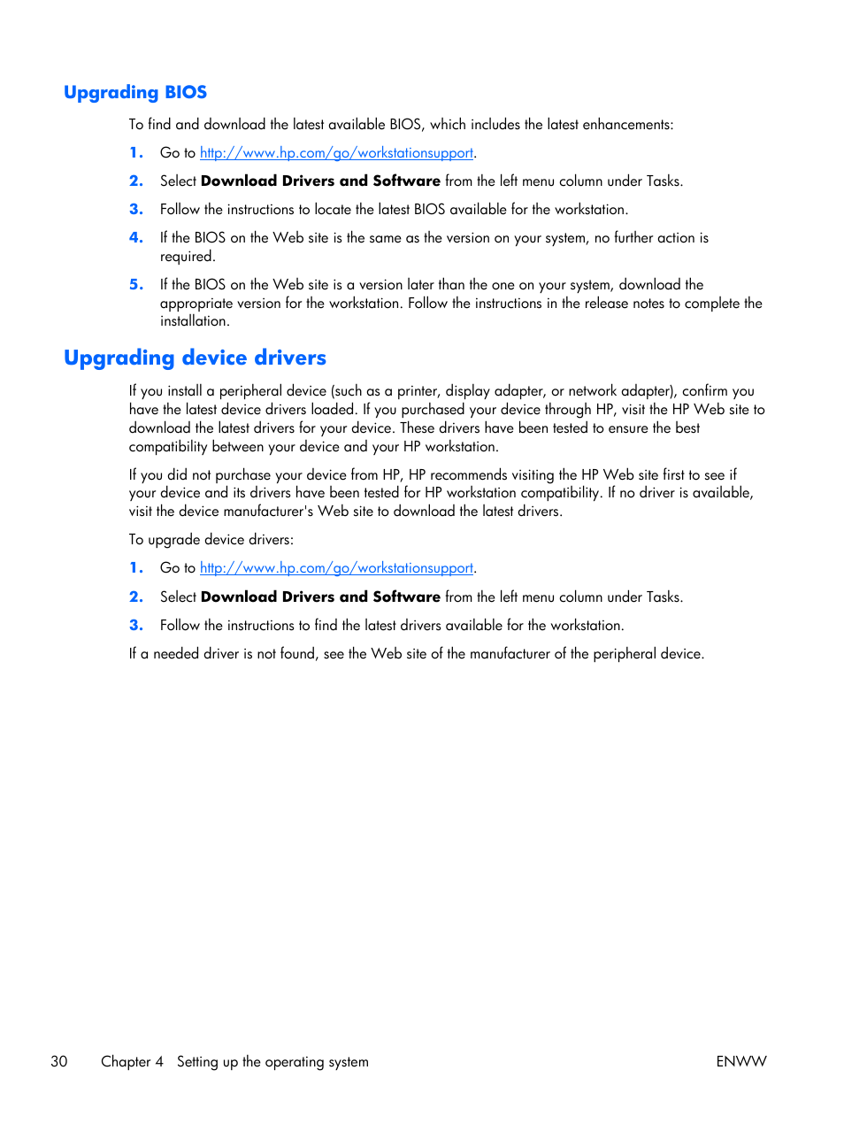 Upgrading bios, Upgrading device drivers, For in | HP Z210 Convertible Minitower-Workstation User Manual | Page 38 / 68