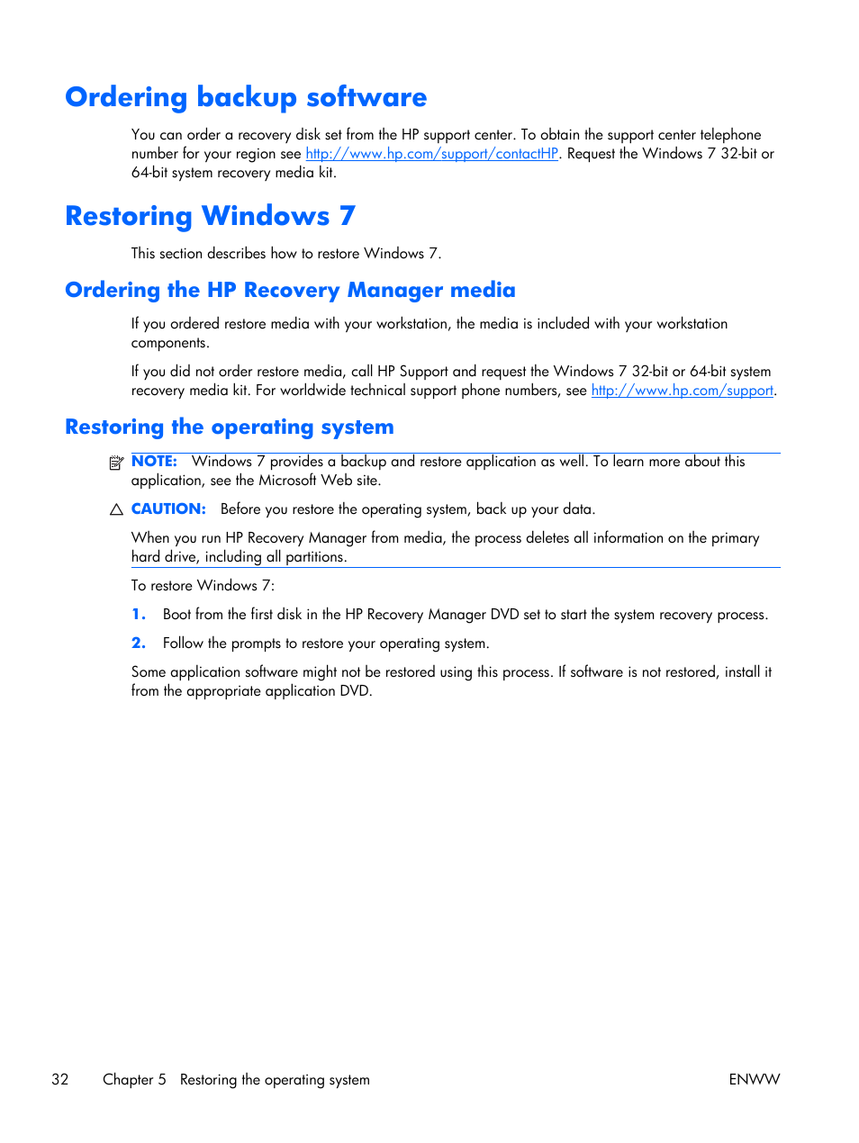 Ordering backup software, Restoring windows 7, Ordering the hp recovery manager media | Restoring the operating system, Ordering backup software restoring windows 7 | HP Z210 Convertible Minitower-Workstation User Manual | Page 40 / 68