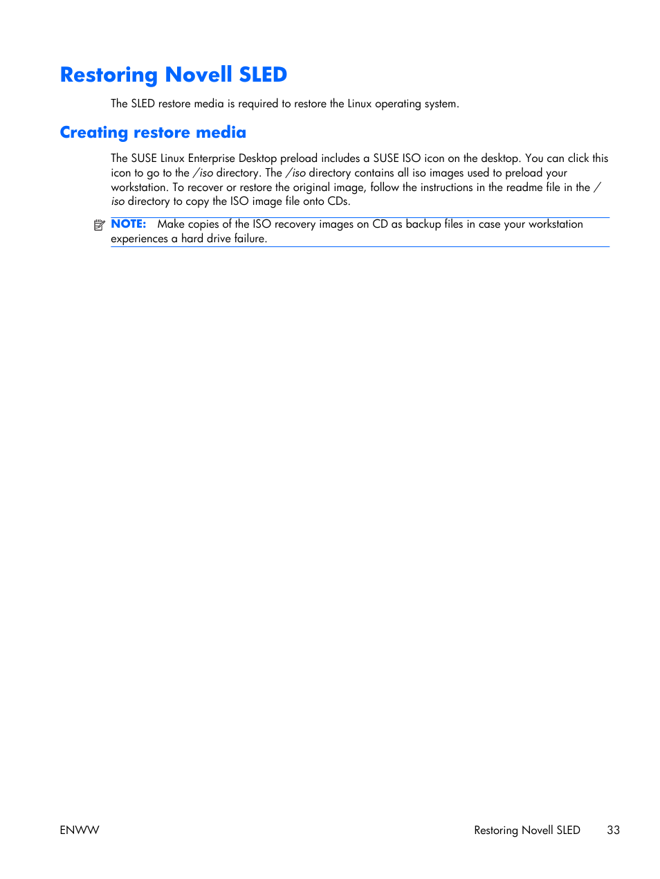 Restoring novell sled, Creating restore media | HP Z210 Convertible Minitower-Workstation User Manual | Page 41 / 68