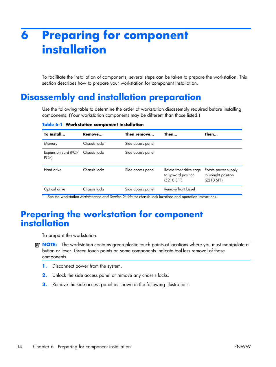 Preparing for component installation, Disassembly and installation preparation, 6 preparing for component installation | Preparing the workstation for component | HP Z210 Convertible Minitower-Workstation User Manual | Page 42 / 68