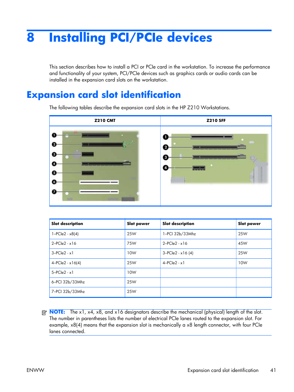 Installing pci/pcie devices, Expansion card slot identification, 8 installing pci/pcie devices | Expansion card slot, Installing pci/pcie | HP Z210 Convertible Minitower-Workstation User Manual | Page 49 / 68