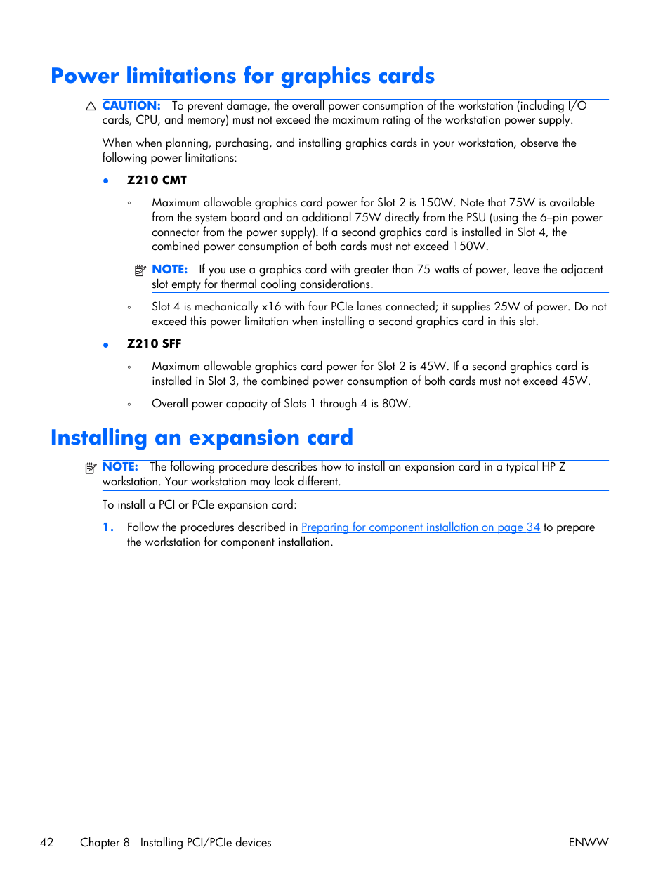 Power limitations for graphics cards, Installing an expansion card | HP Z210 Convertible Minitower-Workstation User Manual | Page 50 / 68