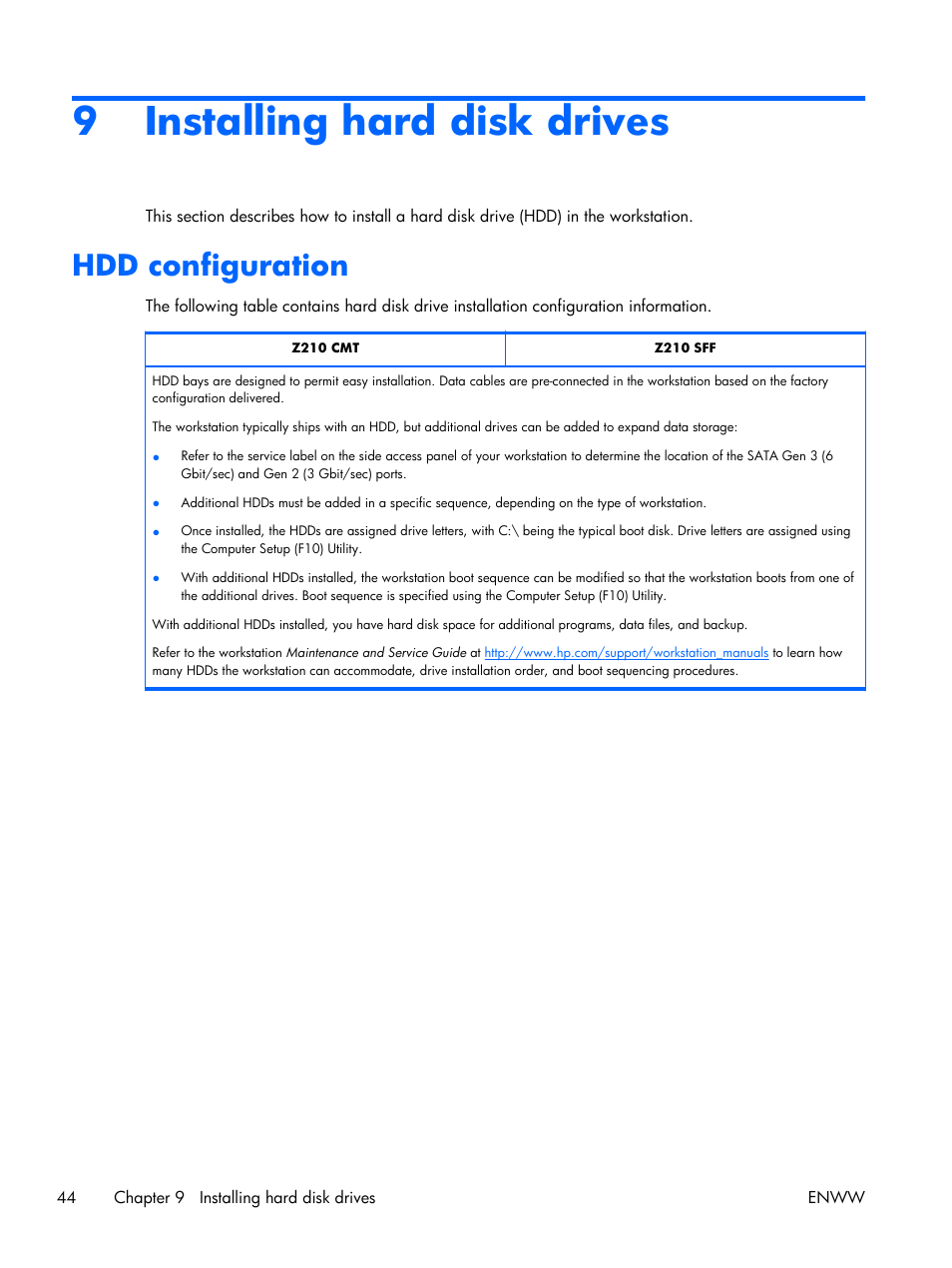 Installing hard disk drives, Hdd configuration, 9 installing hard disk drives | HP Z210 Convertible Minitower-Workstation User Manual | Page 52 / 68