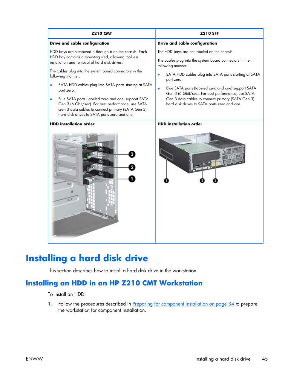 Installing a hard disk drive, Installing an hdd in an hp z210 cmt workstation | HP Z210 Convertible Minitower-Workstation User Manual | Page 53 / 68