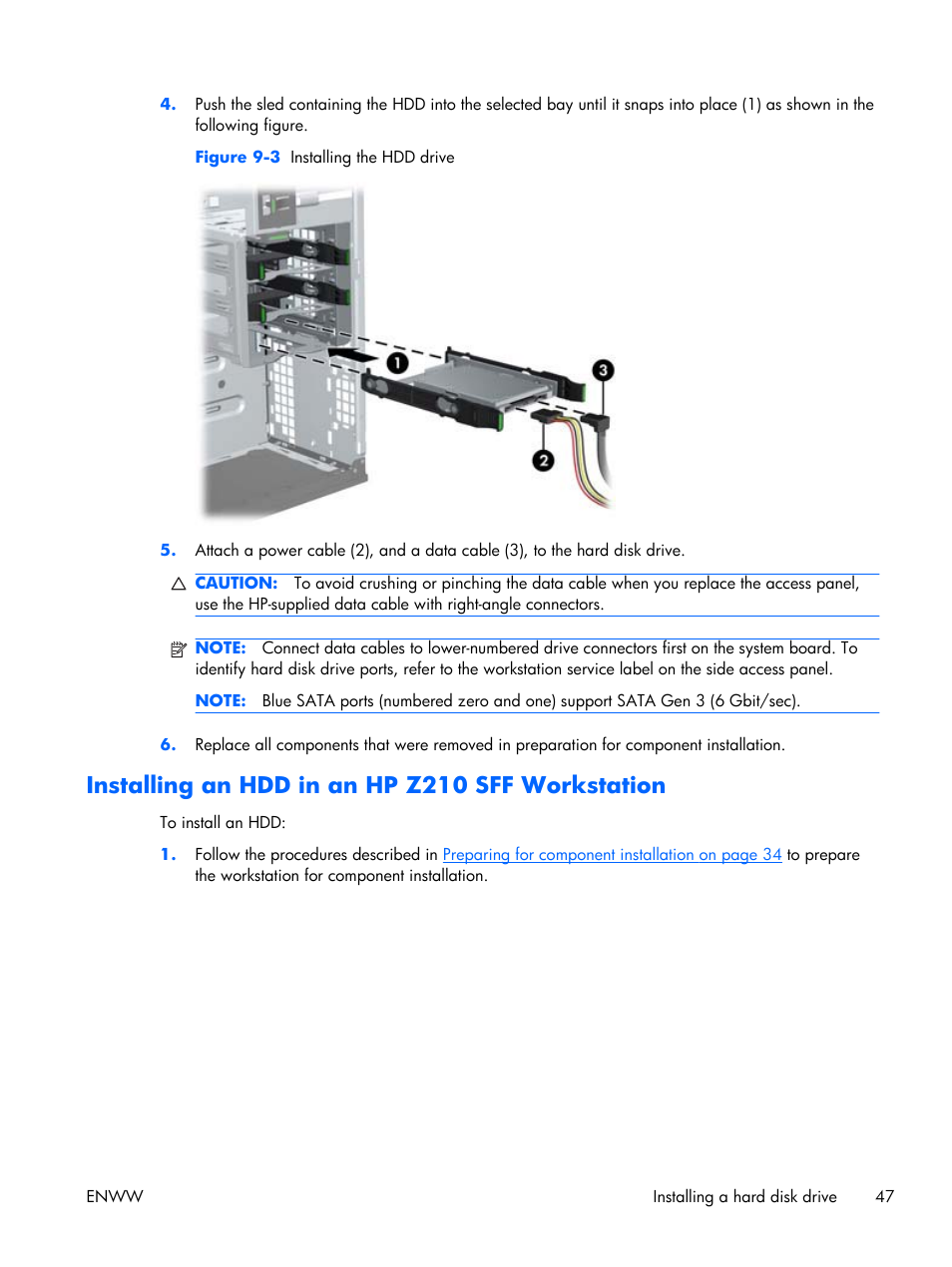 Installing an hdd in an hp z210 sff workstation | HP Z210 Convertible Minitower-Workstation User Manual | Page 55 / 68