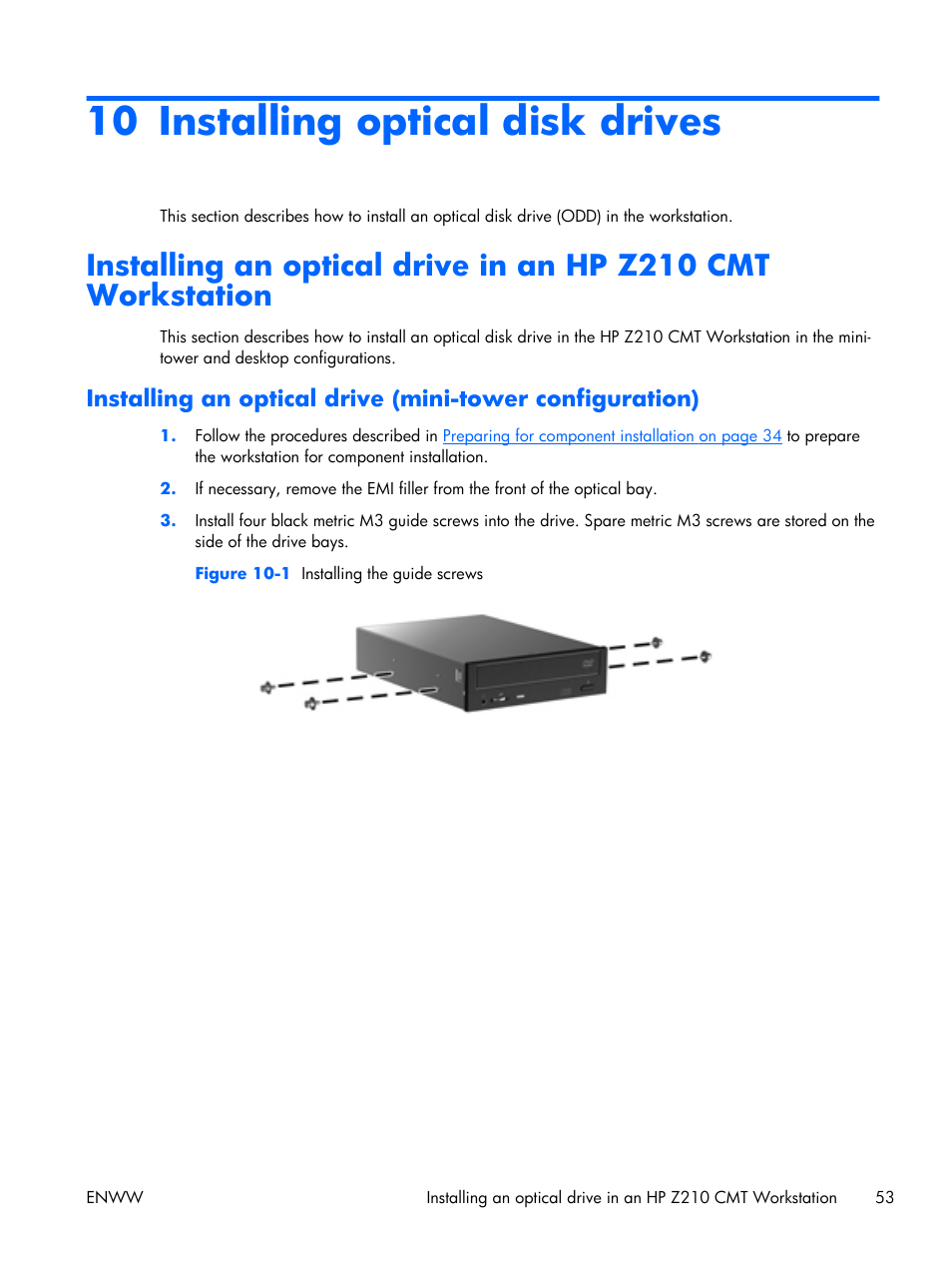 Installing optical disk drives, 10 installing optical disk drives | HP Z210 Convertible Minitower-Workstation User Manual | Page 61 / 68
