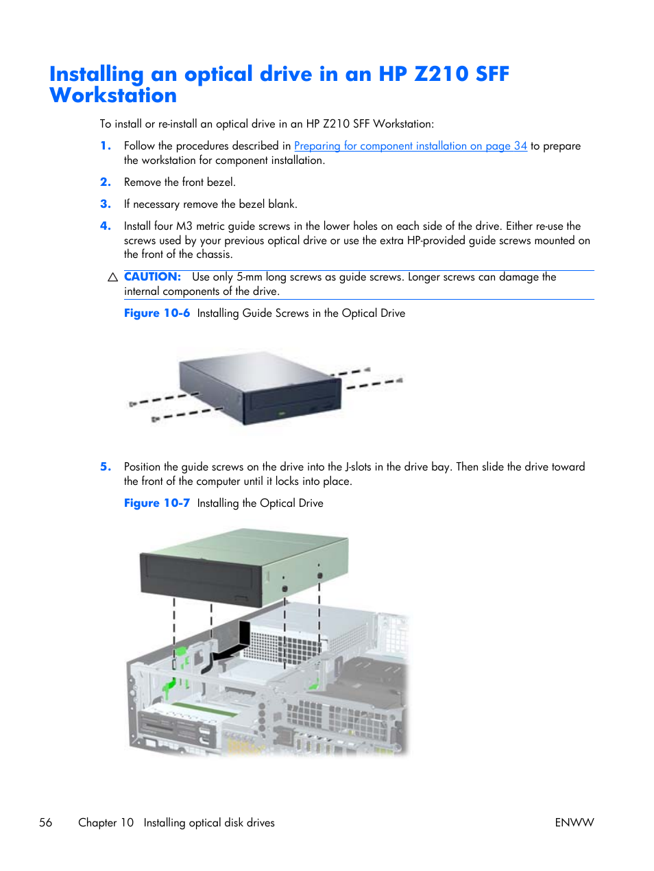 Installing an optical drive in an hp z210 sff | HP Z210 Convertible Minitower-Workstation User Manual | Page 64 / 68