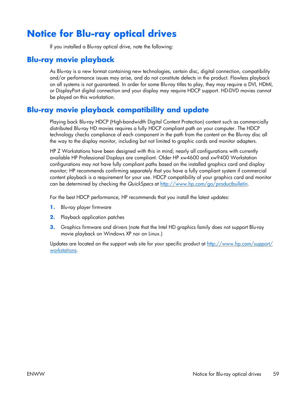 Notice for blu-ray optical drives, Blu-ray movie playback, Blu-ray movie playback compatibility and update | HP Z210 Convertible Minitower-Workstation User Manual | Page 67 / 68
