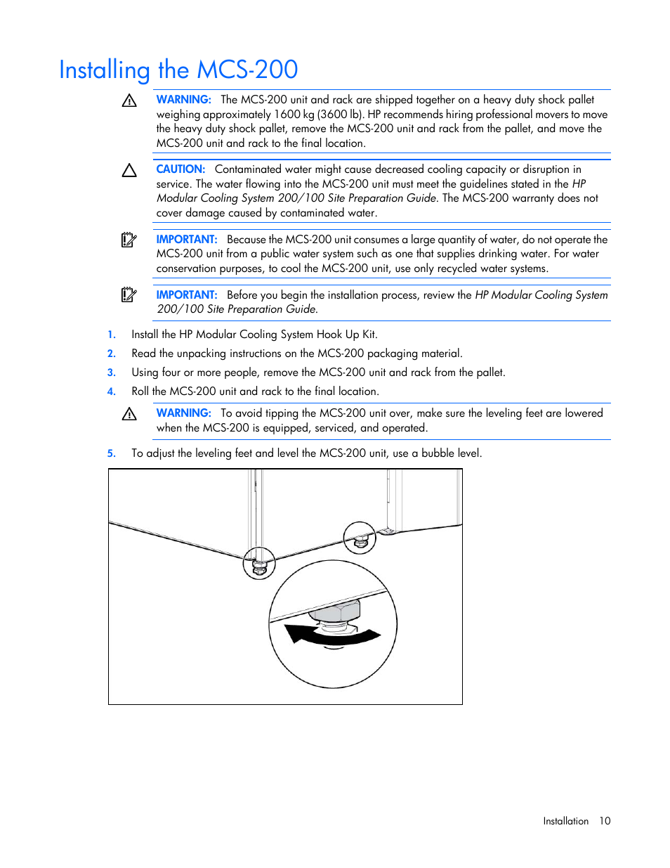 Installing the mcs-200 | HP Modular Cooling System User Manual | Page 10 / 75