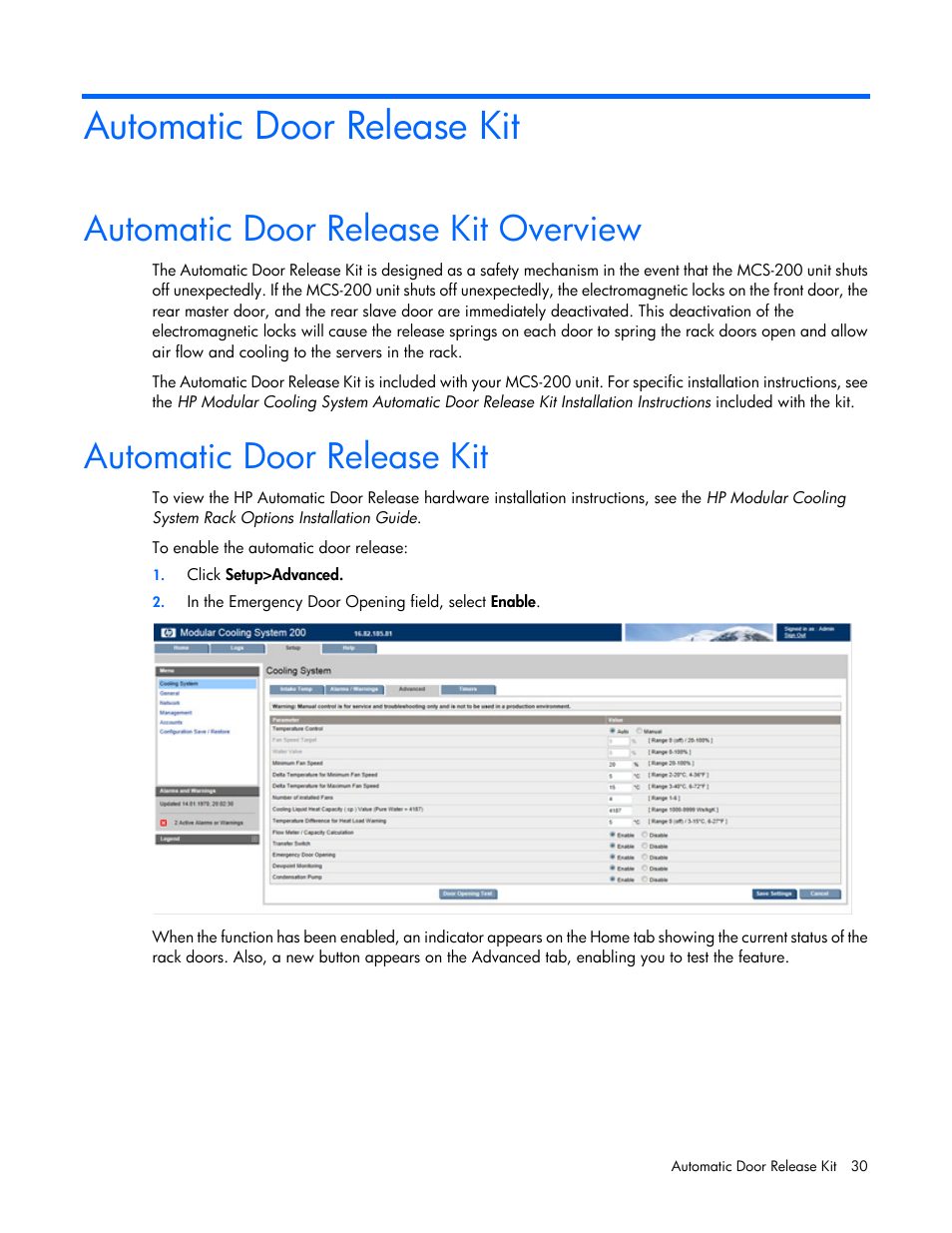 Automatic door release kit, Automatic door release kit overview | HP Modular Cooling System User Manual | Page 30 / 75