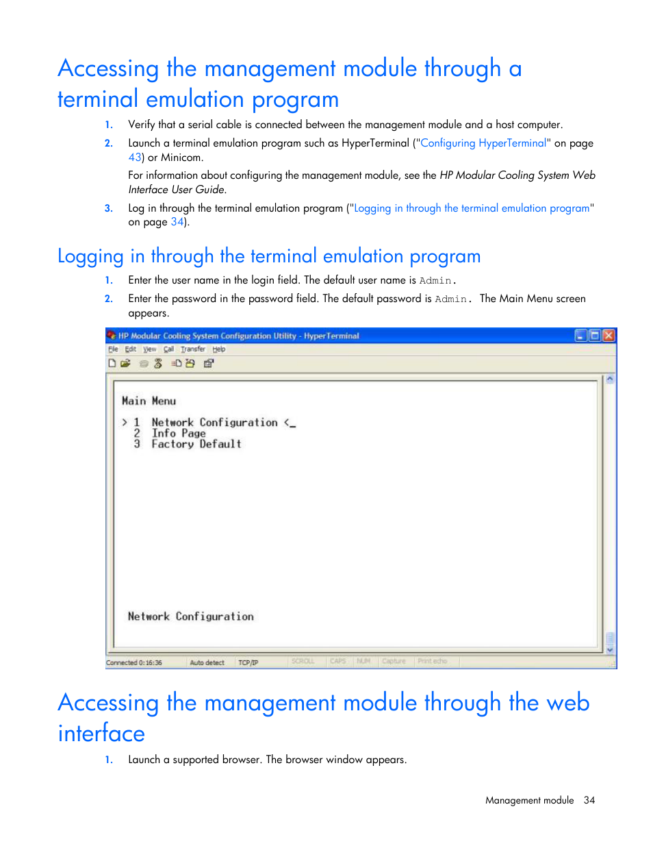 Logging in through the terminal emulation program | HP Modular Cooling System User Manual | Page 34 / 75