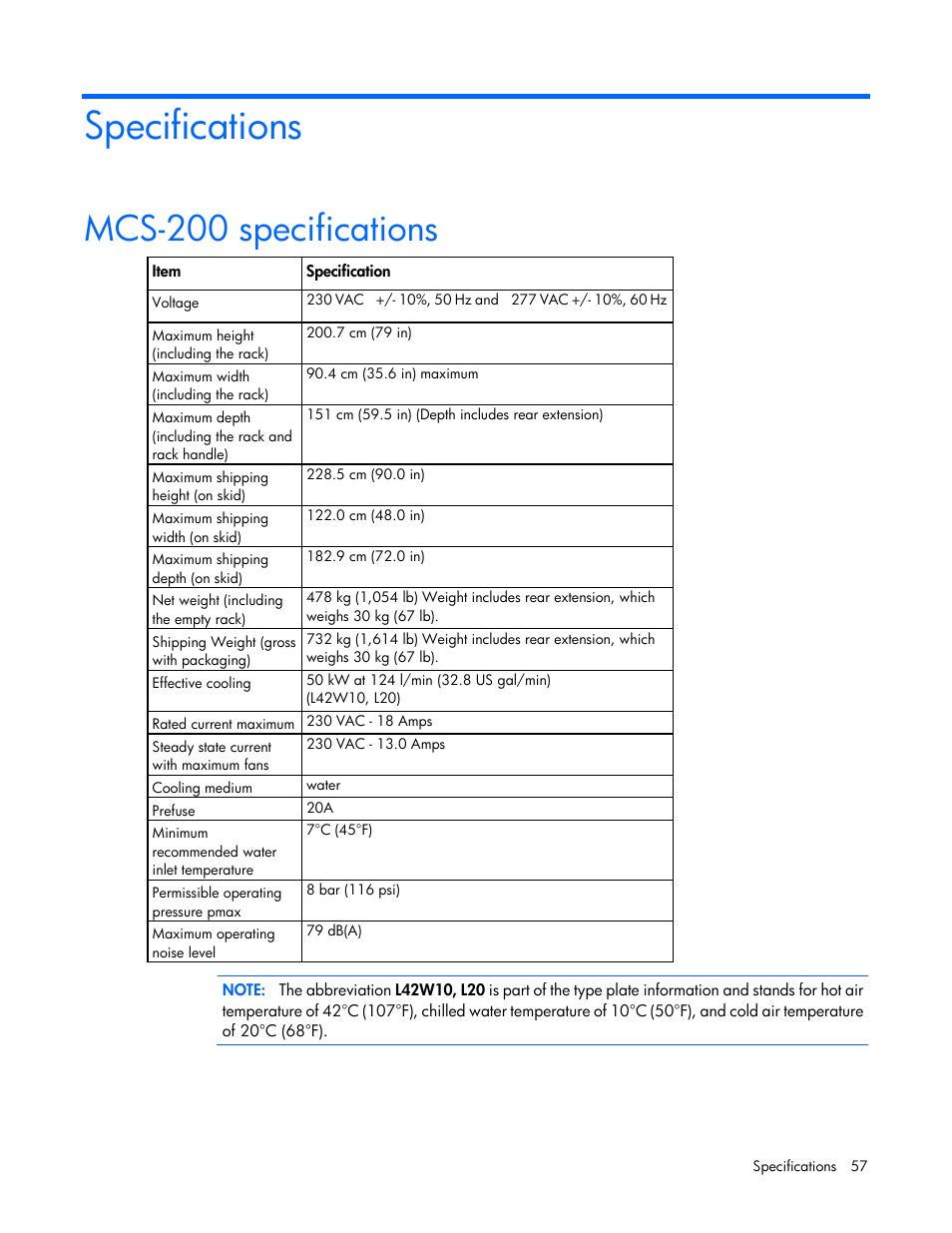 Specifications, Mcs-200 specifications | HP Modular Cooling System User Manual | Page 57 / 75