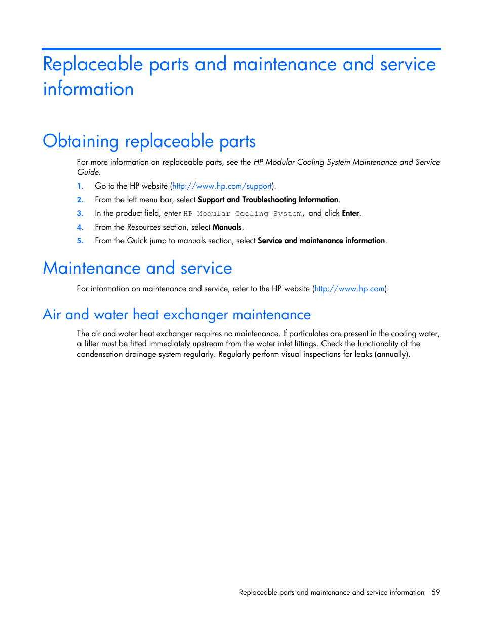 Obtaining replaceable parts, Maintenance and service, Air and water heat exchanger maintenance | HP Modular Cooling System User Manual | Page 59 / 75