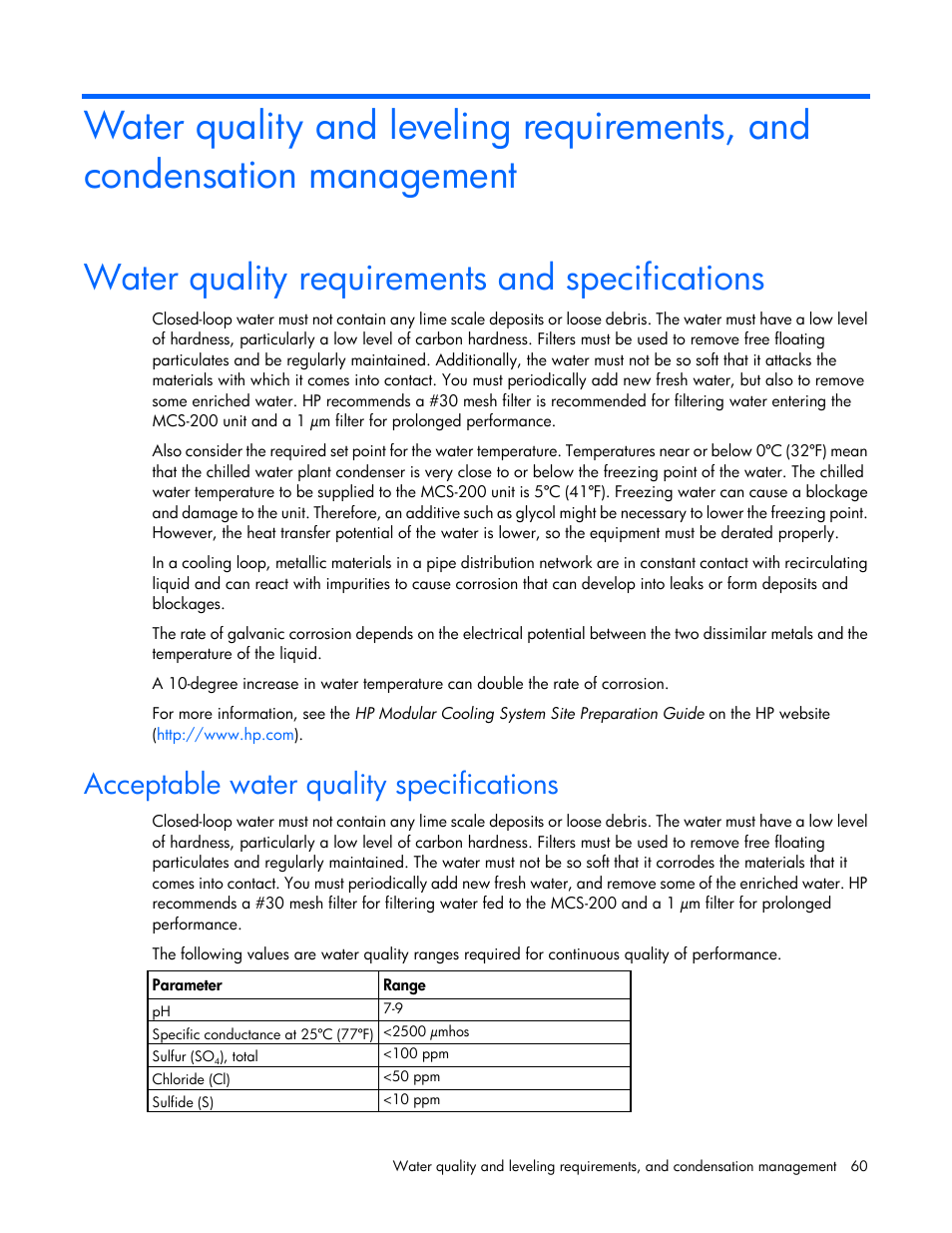 Water quality requirements and specifications, Acceptable water quality specifications | HP Modular Cooling System User Manual | Page 60 / 75